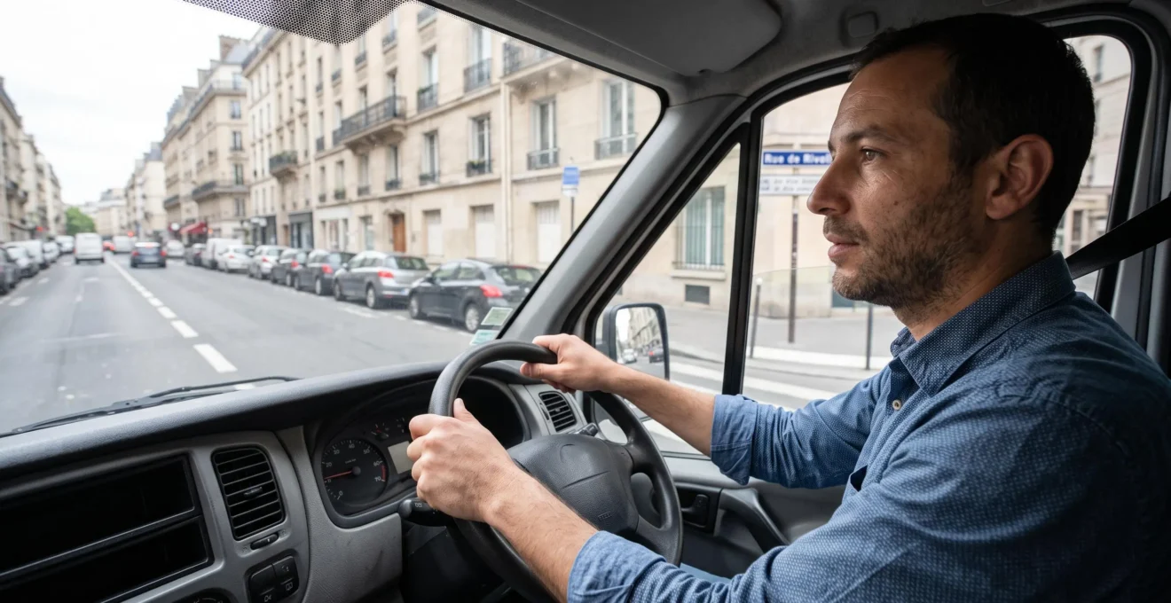 Driver navigating a minibus through Parisian streets with hands on steering wheel