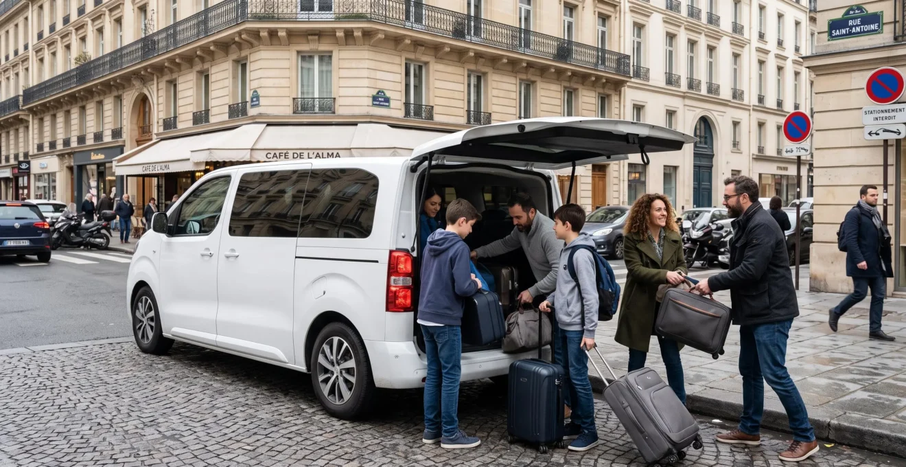 Group of travelers loading luggage into a white minibus on a Parisian street