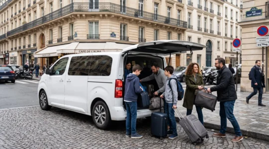 Group of travelers loading luggage into a white minibus on a Parisian street
