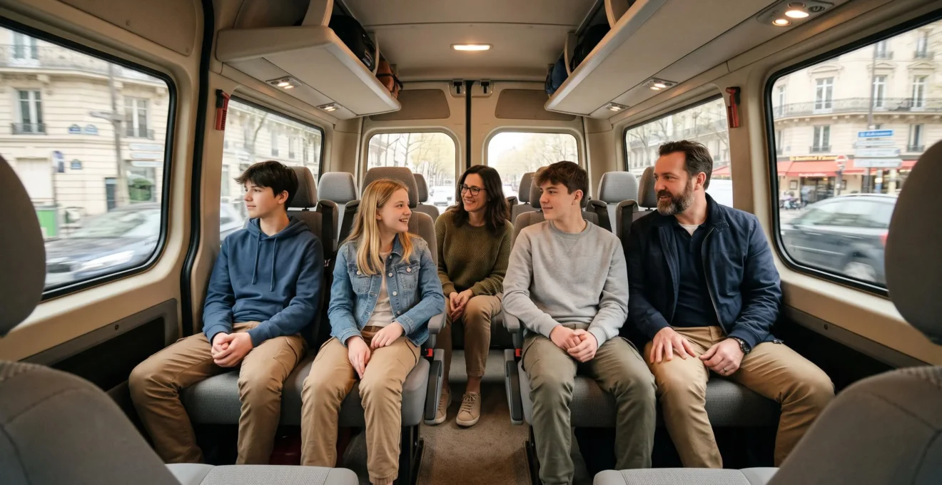 Passengers seated comfortably inside a minibus interior during travel through Paris