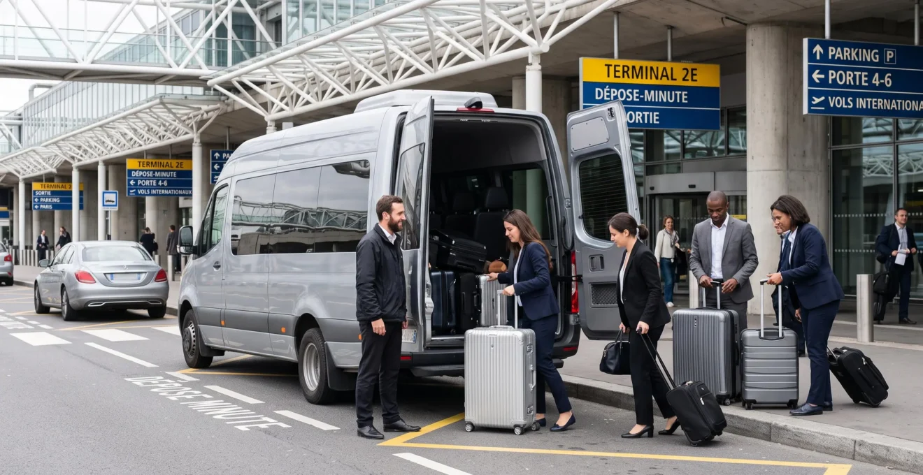 Driver assisting business travelers unloading luggage from minibus at Paris airport terminal