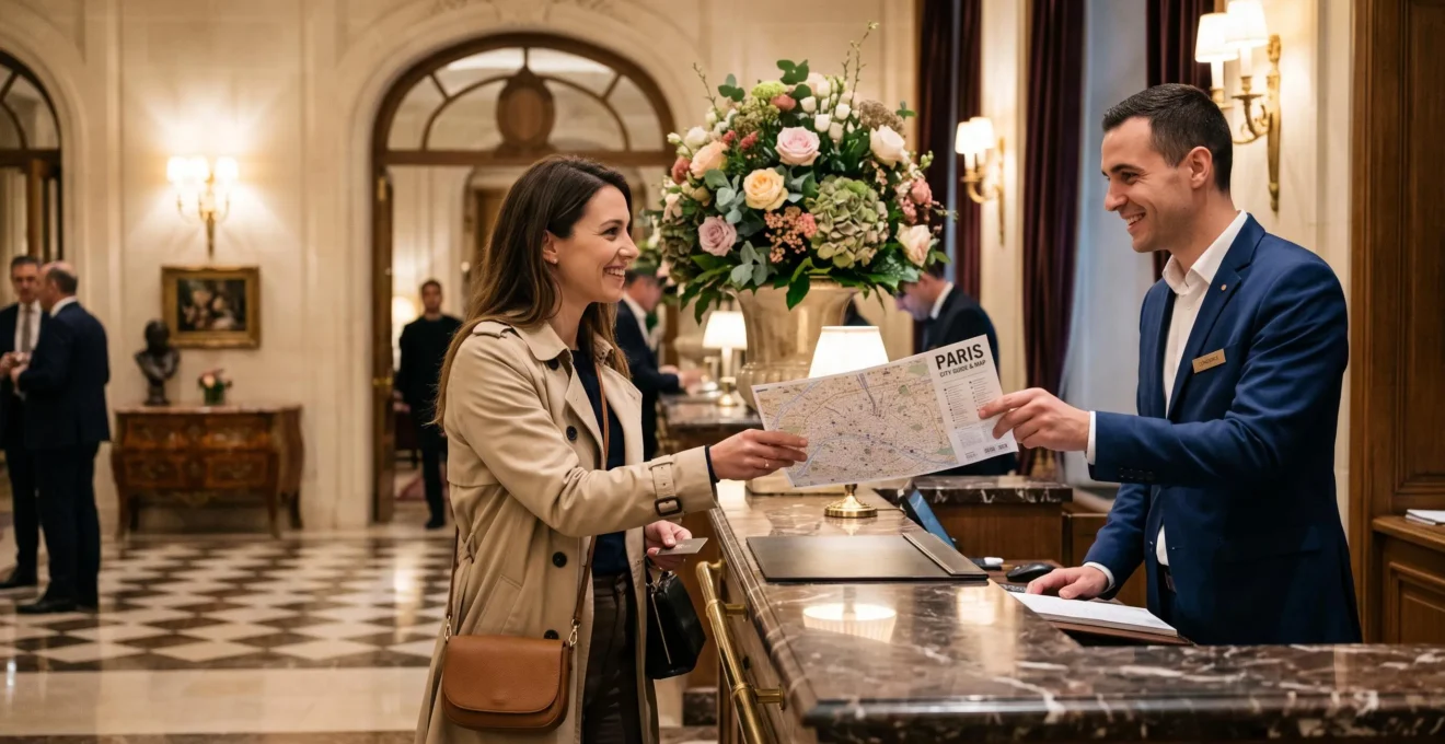 A hotel concierge hands a local map to a guest at the reception desk.