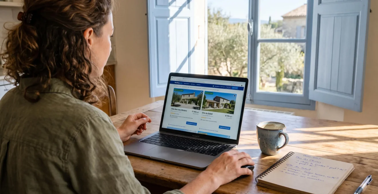 A traveler compares accommodation options on a laptop at a villa table.