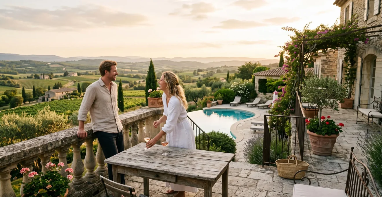 A couple enjoys the private pool terrace of a luxury stone villa at sunset.