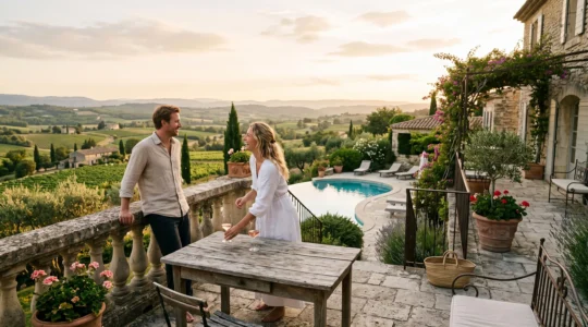 A couple enjoys the private pool terrace of a luxury stone villa at sunset.